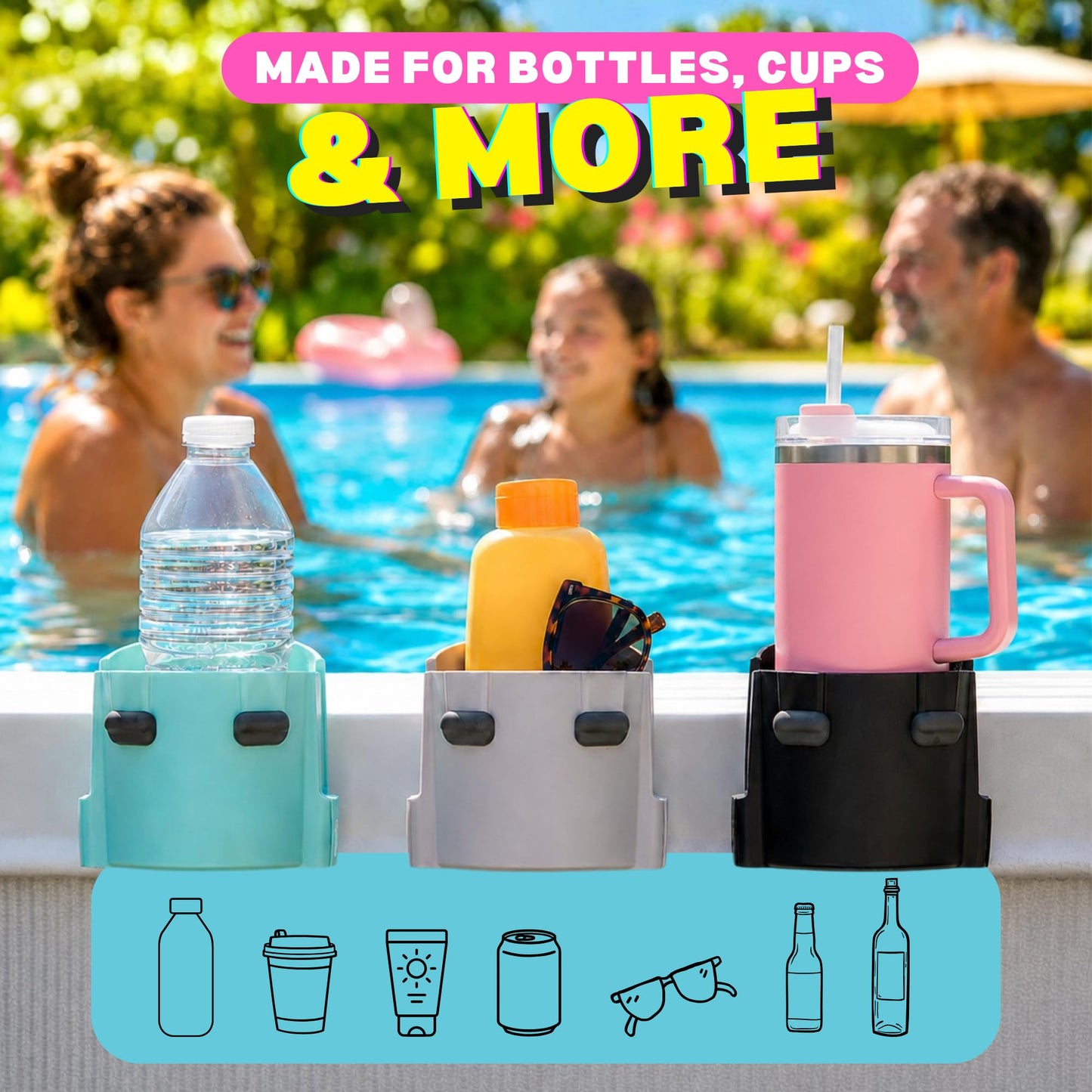 2-Pack Poolside Cup Holders for Square-Top Above Ground Pools, Adjustable Fit for Wide Edges, Non-Slip Silicone Grips, Fits Tumblers & Drink Bottles, Use on Deck, Boat & Patio, Silver Grey