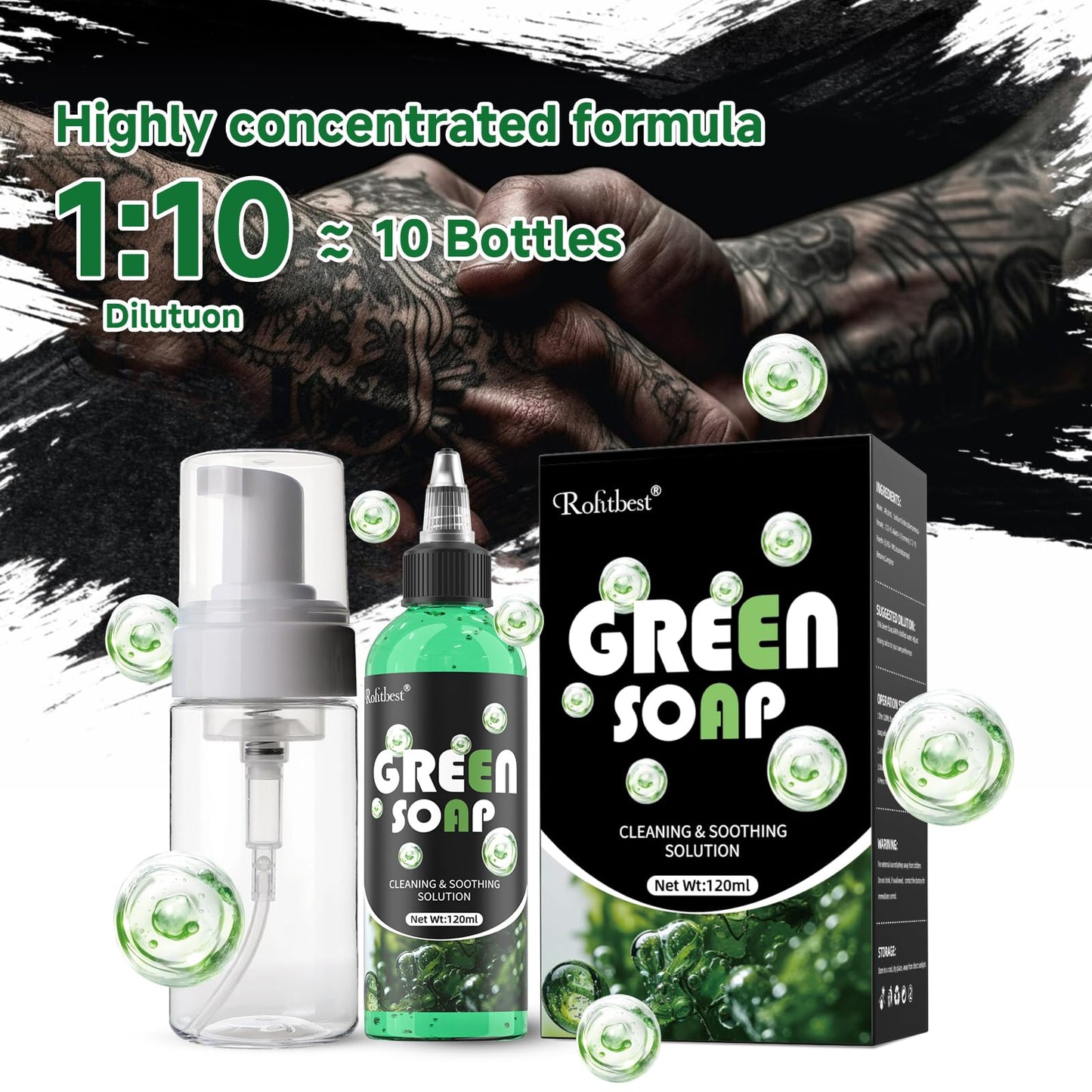 Rofitbest Green Tattoo Soap 4OZ with Foaming Bottle 120ml, Tattoo Supplies for Tattoos Piercings