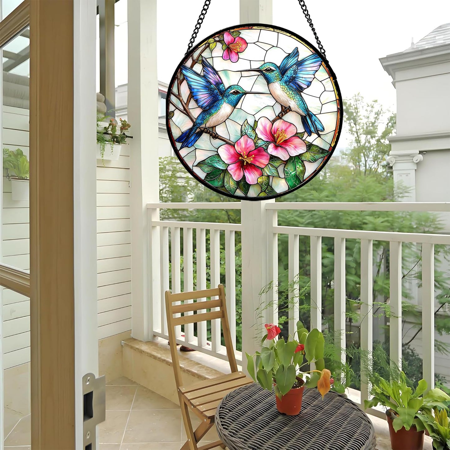JOSUMALY Stained Glass Window Hanging - Blue White Hummingbirds Pink Flowers Suncatcher for Door Terrace Garden Home Decor Bird Sun Catcher Birthday Gifts for Lovers Women Men Dad Mom Nana 7.8 in
