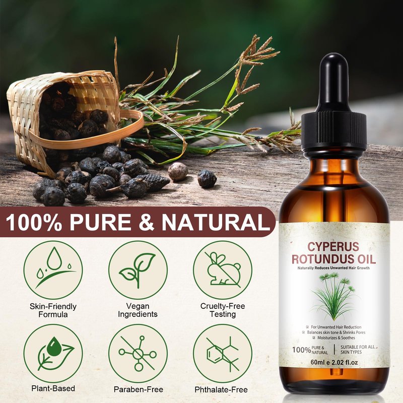 Cyperus Rotundus Oil, Cyperus Oil, Cyperus Rotundus Hair Removal Oil 60ml - Peptide-Infused Repair, Reduces Regrowth & Shrink Pores | Natural DHT Blocker for Smooth Skin | Safe for Sensitive Face&Body