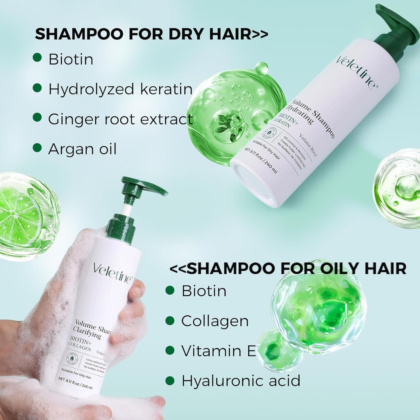Volumizing Shampoo for Fine Oily Hair - Adds Long-Lasting Volume & Shine | Biotin & Ginger Root Extract, 240ml/8.11oz