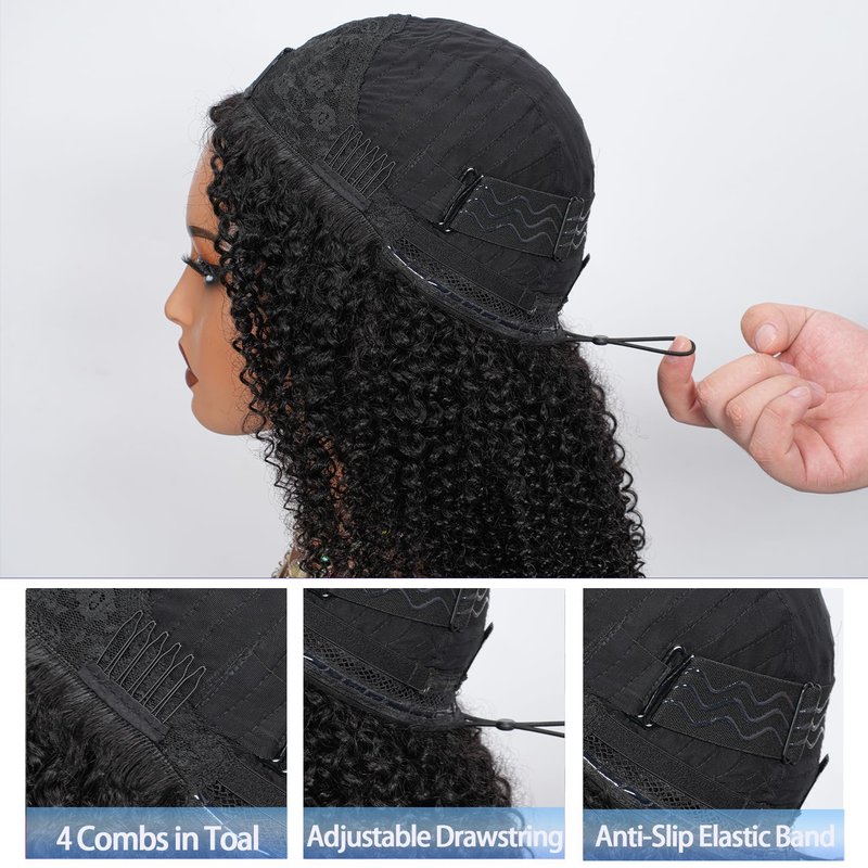 Ding Dian Kinky Curly Half Wig Human Hair 200% Density 3 In 1 Glueless Wear and Go Kinky Curly Wig Human Hair Seamless Flip Over Wig Drawstring Headband Wig Beginner Friendly 16 Inch