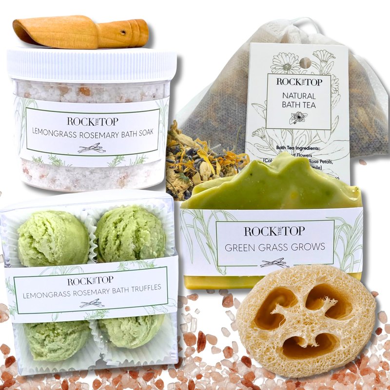 Rock the Top | 6 Lemongrass Rosemary Self Care Gifts for Women, Aromatherapy Epsom Salt Bath Soak, Lavender Soap, Bath Bombs, Bath Salts with Plant Based Loofa Dry Brushing Body Brush Gift