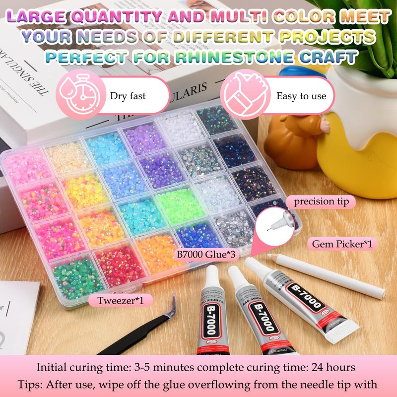 Resin Jelly Bedazzling Kit with 30000 Rhinestone,Rhinestones for Bedazzling,3mm Flatback Bedazzling Gems for Nails, 3pcs B7000 Rhinestone Glue,Crafting, Clothes,Bedazzler Kit for Adults, Kids,DIY