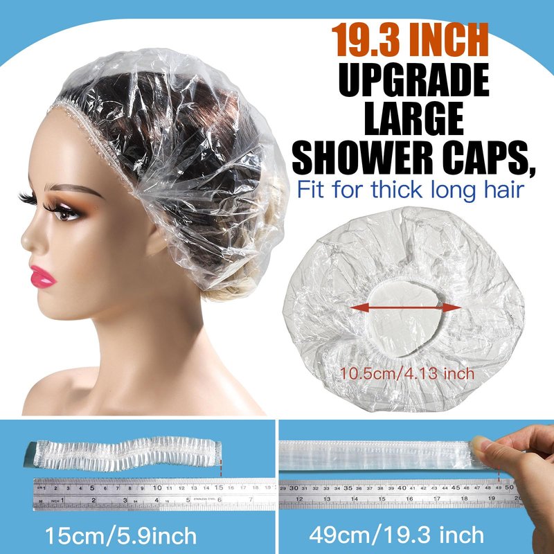LEOBRO Shower Caps, 60PCS Large Disposable Shower Caps for Women, Plastic Shower Cap, Plastic Cap for Hair Treatment, Travel, Large Size 19.3 INCH