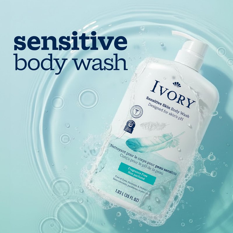 Ivory Body Wash, Designed for the Whole Family, Gentle Formula, Free of Dyes Heavy Perfumes Parabens Phthalates & Silicones, Designed for Skin's pH, Fragrance-Free, 35 oz