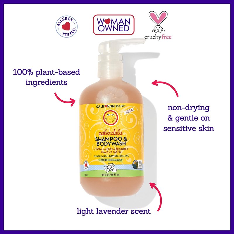 California Baby Calendula Baby Shampoo + Baby Wash | 100% Plant-Based | Soothing Lavender Body Wash For Sensitive Skin | Hypoallergenic | 562mL / 19oz