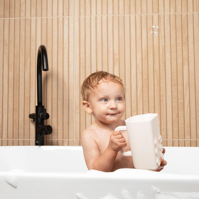 Rinzee® Baby Bath Rinse Cup with Suctions – Soft Silicone Shampoo Rinser for Kids – BPA‑Free, Drains Upside Down, Sticks to Tiles. Patent Pending