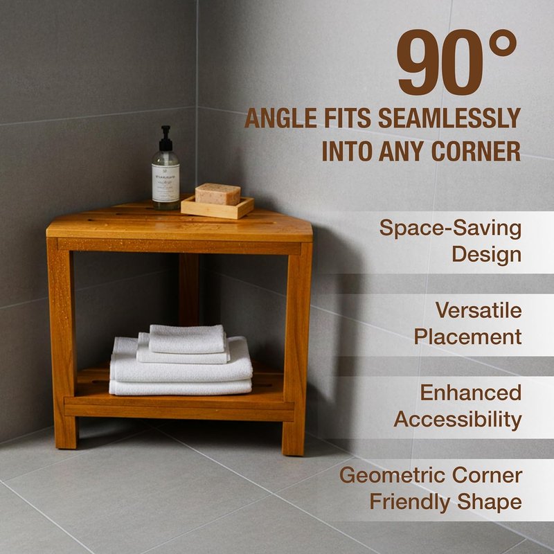 Corner Shower Stool - 20” Acacia Wood Shower Bench with Storage Shelf | Waterproof Foot Rest for Shaving Legs