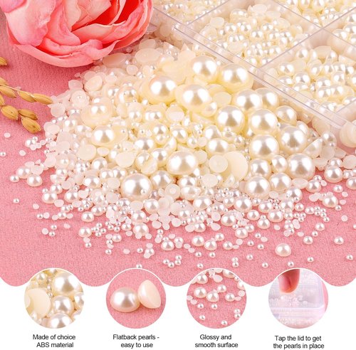 13000Pcs Flatback Pearls for Crafting (White), Assorted Size 2/3/4/5/6/8/10mm Half Pearl with 3Pcs 10ml B7000 Jewelry Glue, Bedazzling Bead for DIY Crafts Clothing Tumbler Shoes Embellishment Nail Art