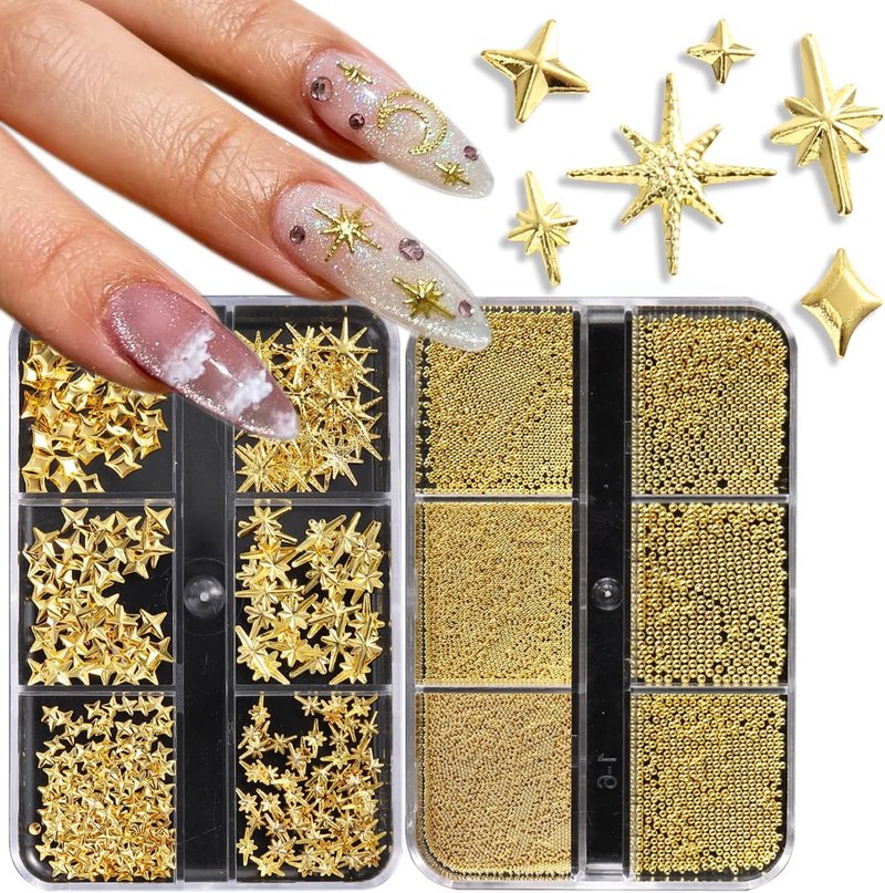 Gold Star Nail Charms - Twinkle Star Metal Studs & Rivets | 2 Boxes for Acrylic Nail Design