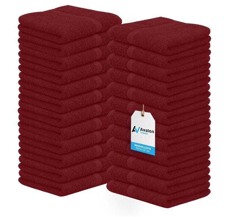 Avalon Towels Cotton Washcloths – (Pack of 48) Size 12x12 Inches, 100% Ring Spun Cotton, Soft & Absorbent Face Towels, Gym Towels, Hotel and Spa Quality, Reusable Fingertip Towels (Red)