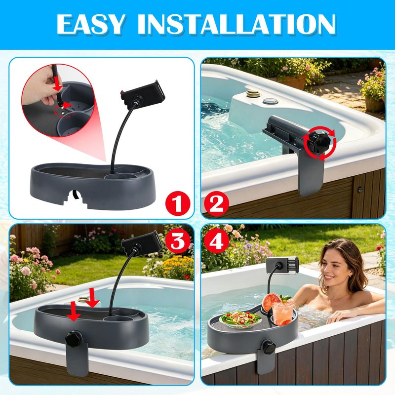 Hot Tub Table Tray with Adjustable Phone Holder, Nonslip Bathtub Table Tray, Between 2.4-7.4" Hot Tub Accessories for Adults with 2 Cup Holders, Clip-on Pool Side Table for Above Ground Bathtub (Gray)