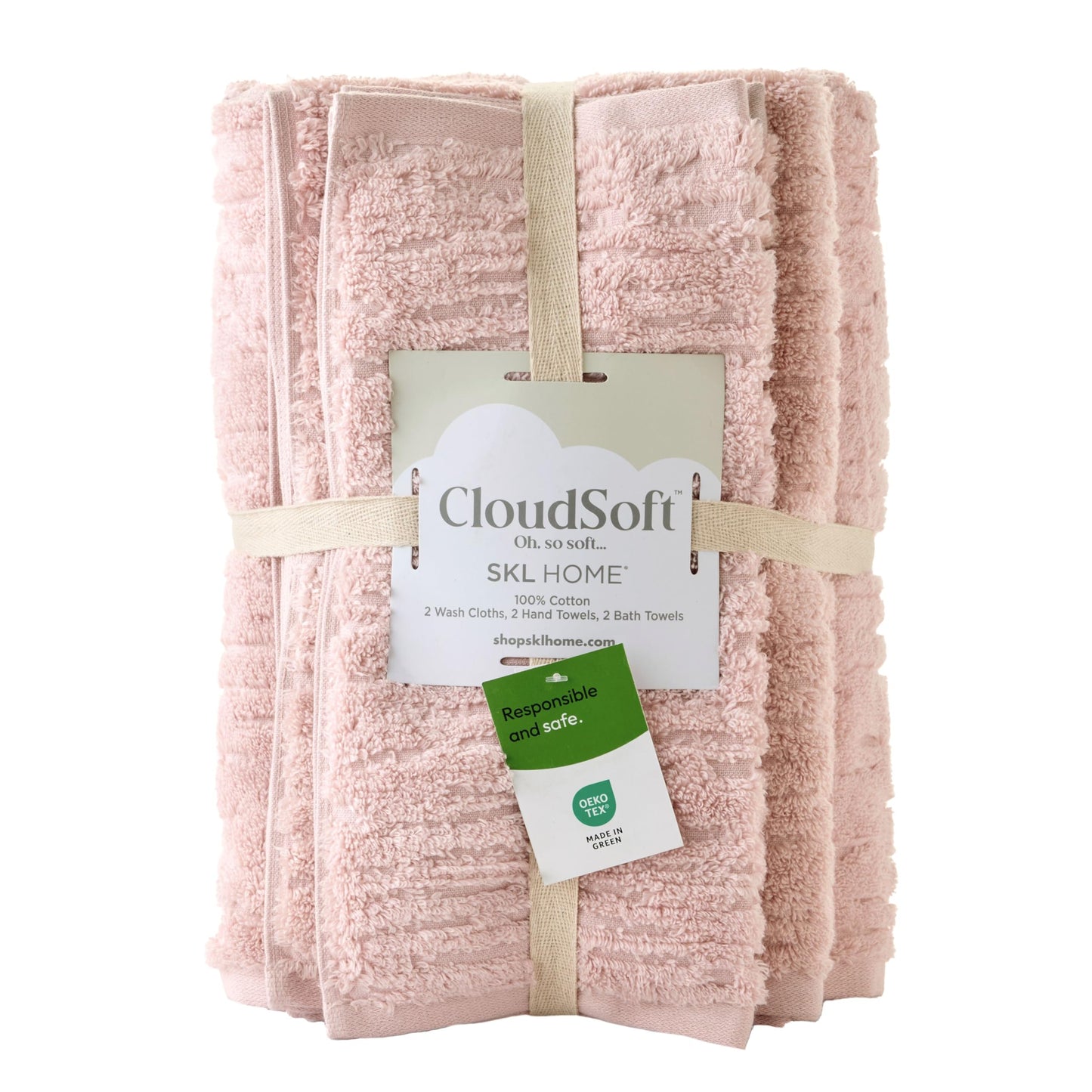 SKL Home CloudSoft 100% Cotton Luxury 6-Piece Towel Set, 600 GSM, Ultra Plush & Absorbent - 2 Bath Towels, 2 Hand Towels, 2 Washcloths, Blush Pink