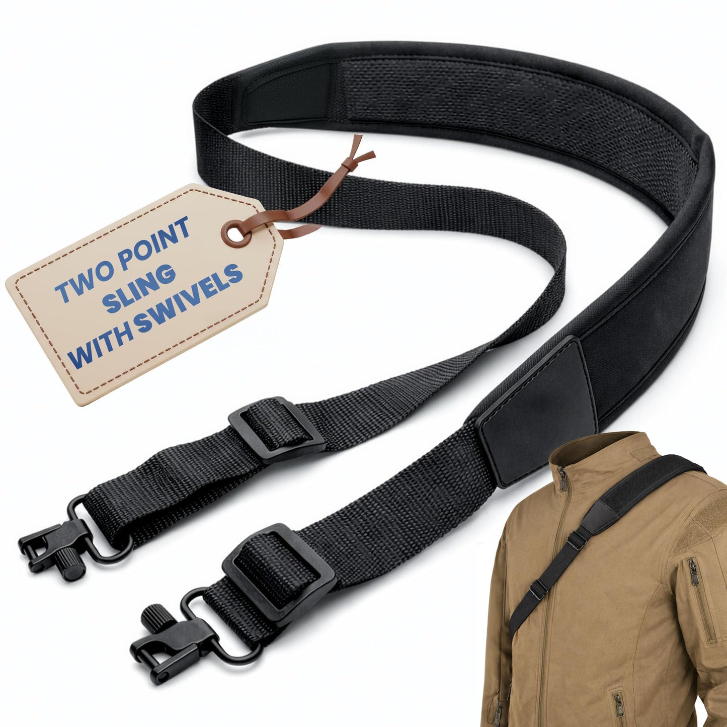Two Point Gun Sling with Swivels, Rifle Sling Padded Gun Shoulder Strap Adjustable Length and 2 Points Shotgun Slings for Outdoors Hunting Rifle Strap, Black (Swivel Hooks)