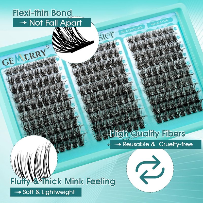 GEMERRY Cluster Lashes - Wispy Natural D Curly Eyelashes | 8-16mm Individual DIY Extensions