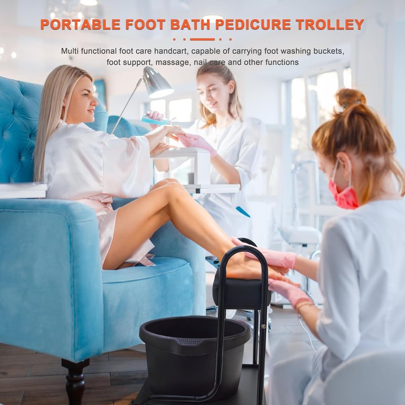 Portable Nail Foot Bath Spa Trolley Cart - Adjustable Height PU Cushion for Salon Use | Black