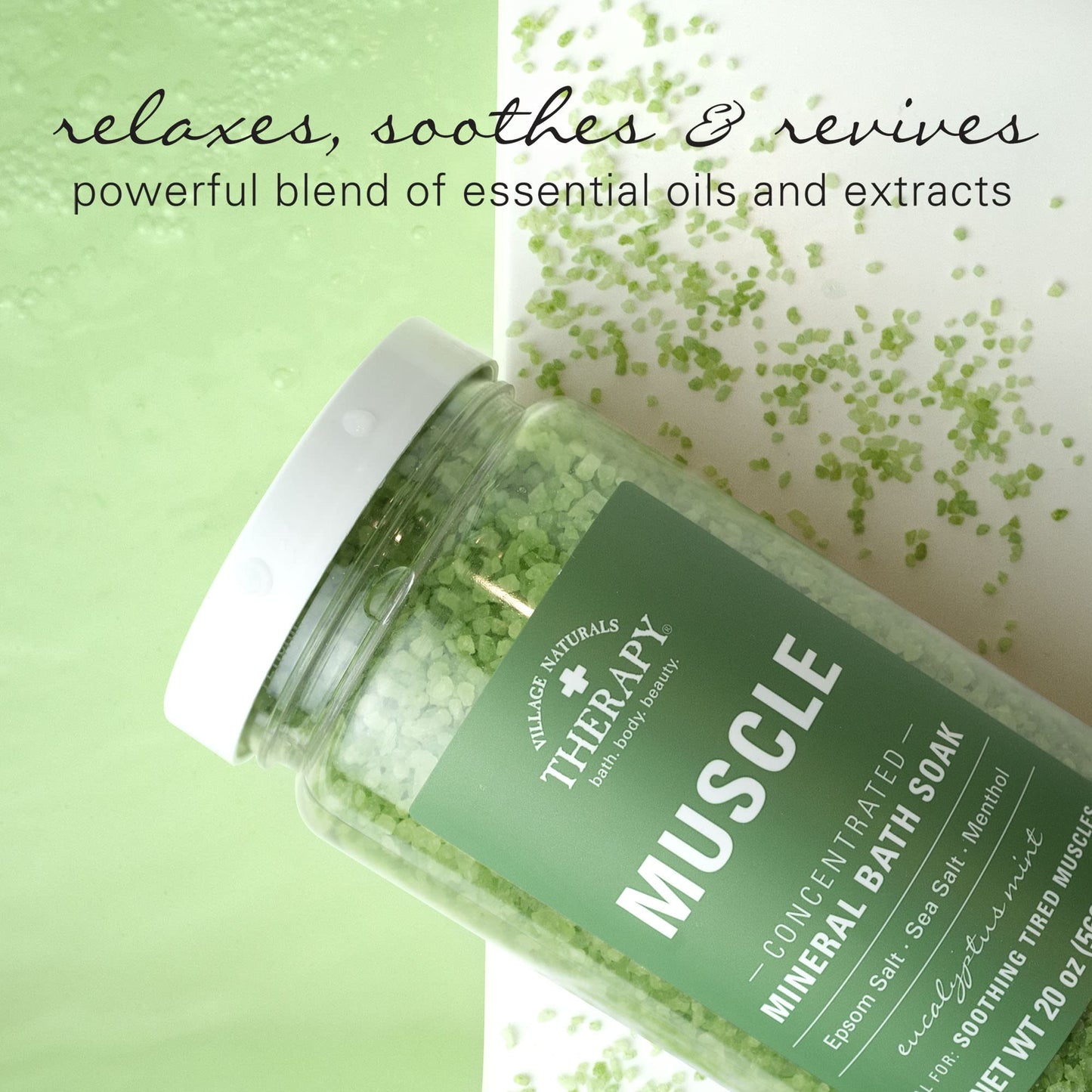 Village Naturals Therapy, Muscle Concentrated Mineral Bath Soak, Eucalyptus Mint Scent, 20 oz, Pack of 4