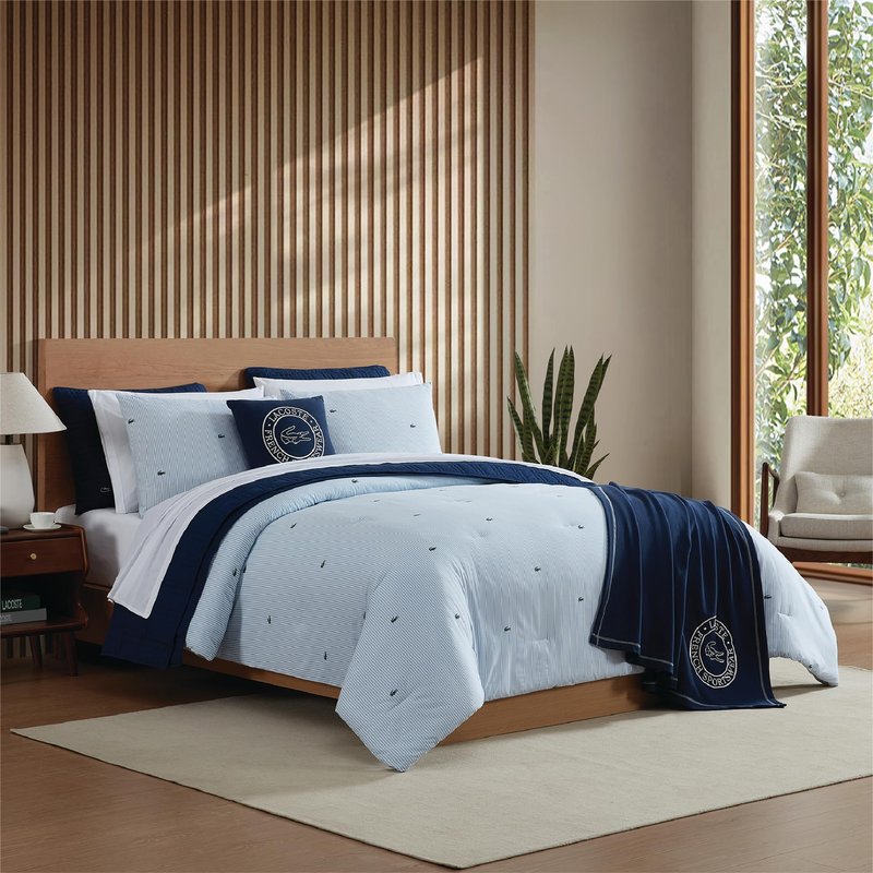 Lacoste Pinstripe Croc Comforter Set, 100% Percale Cotton 180TC, Breathable All Season Bedding with Embroidered Crocodile Logo, Blue, Twin