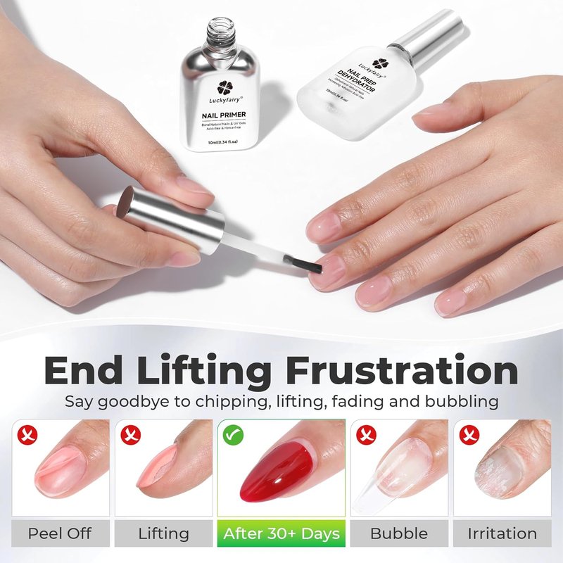 Luckyfairy Nail Dehydrator and Primer, Acid-Free & HEMA-Free Nail Prep Kit for Gel Nails & Press ons, No Lift Primer, Strong Adhesion Bond, No Lamp Needed