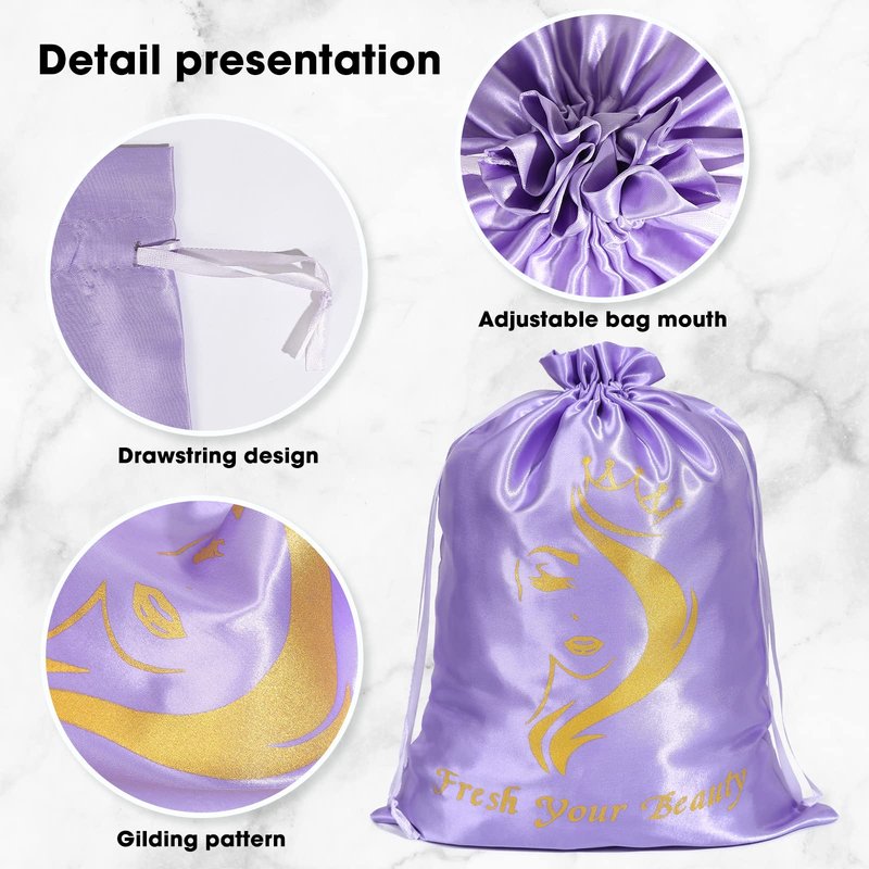 Satin Bags with Drawstring - Soft Pouches for Multiple Pieces, Bundles & Hair Extension Supplies - Home and Salon Use (6PCS Purple)