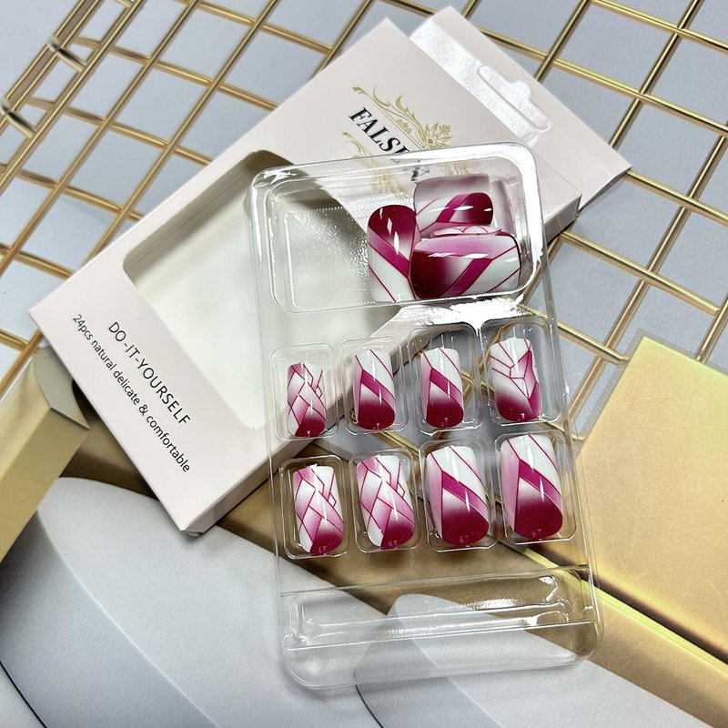 Press on Nails Medium Length Wine Red Square False Nails Lines Grids Design Charm Fake Nails Artificial Acrylic Nails Full Cover Glossy Reusable Coffin Nails Glue on Nails for Women Supplies 24Pcs