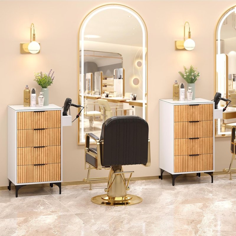 OmySalon Barber Station - Modern Retro Hair Stylist Storage Cabinet with Glass Top & Drawers | White