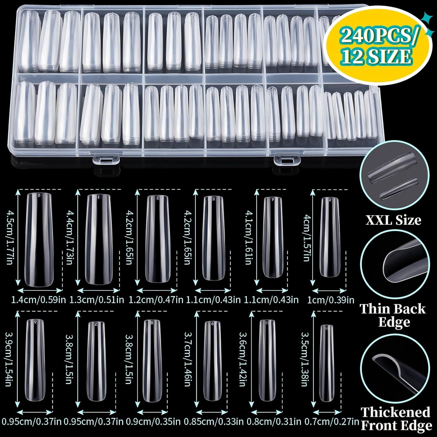 Square Nail Tips for Extensions - 240pcs XXL Clear Acrylic with Nail Charms & Art Brushes | Perfect for Gel Nails