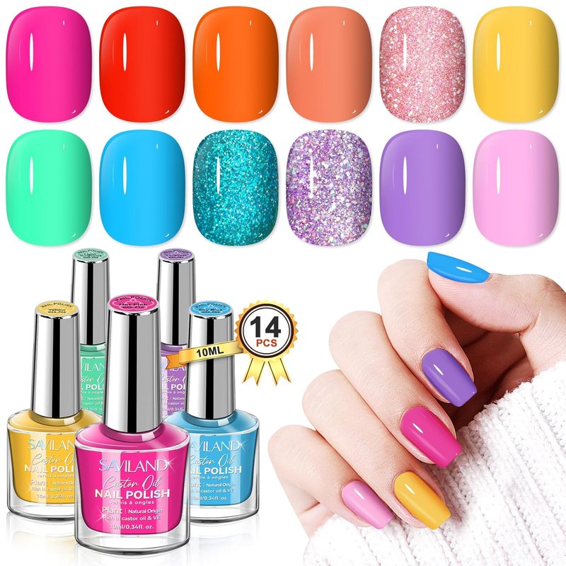 SAVILAND Quick Dry Nail Polish Set - 14 Pcs Neon Summer Colors | Fast-Drying Glitter & Regular Finish for Stunning Manicure