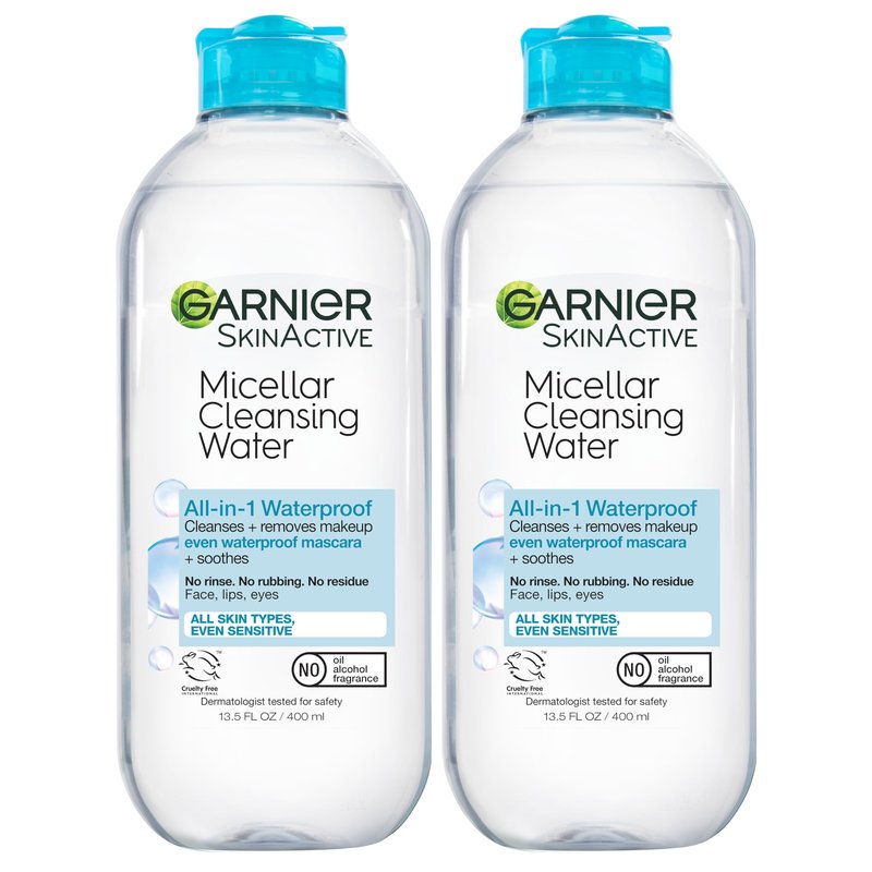Garnier Micellar Water for Waterproof Makeup, Hydrating Facial Cleanser & Makeup Remover, Suitable for Sensitive Skin, Vegan, Cruelty Free, 13.5 Fl Oz (400mL), 2 Count