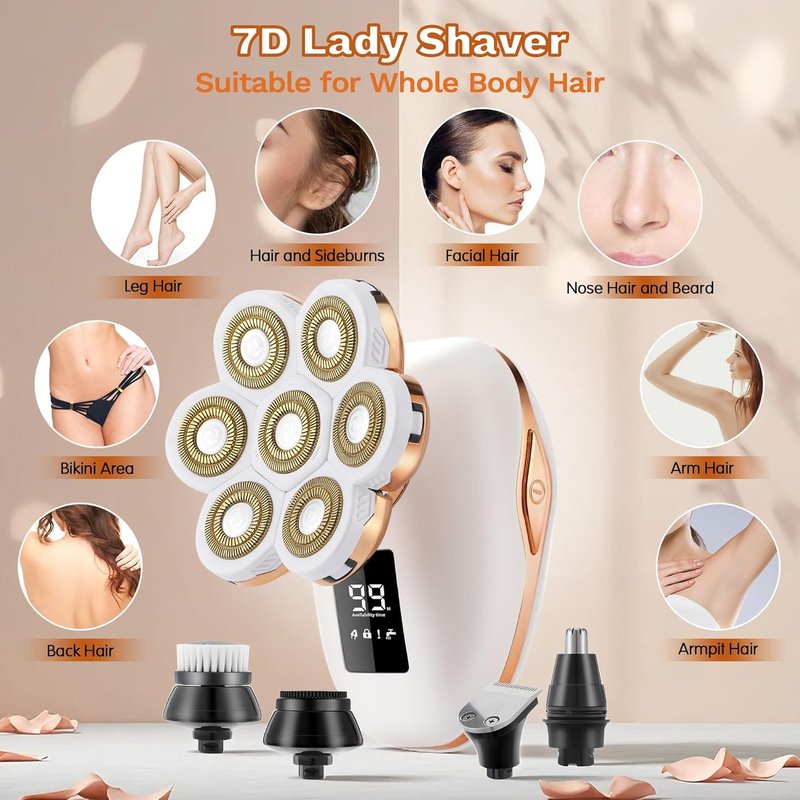 Skiennix Electric Razor for Women - 7D Rechargeable Shaver with 5-in-1 Features | Wet/Dry Use