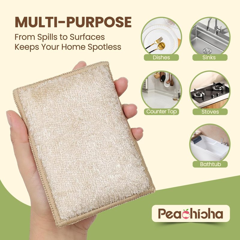 PEACHICHA Bamboo Sponges for Dish Washing Reusable Dish Sponge Multi Use Kitchen Sponges Non-Scratch Reusable Cleaning Pads for Dishes, Pots and Pans, Pack of 5