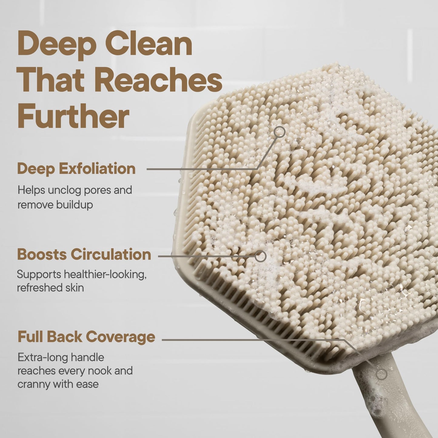 TOOLETRIES Silicone Back Scrubber for Shower Exfoliating Back Brush for Men with Long Handle, Non Slip Grip Body Washer to Clean Hard to Reach Areas, Durable Bath Accessory - Sand
