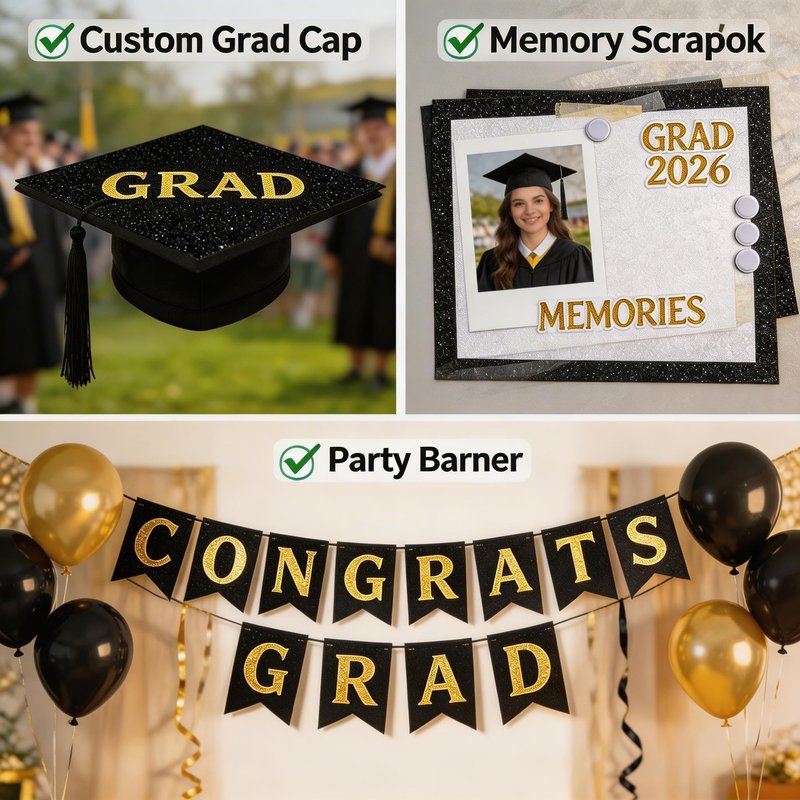 Graduation Cap Topper Base Kit 2026-350g Ultra-Thick Glitter Cardstock with Gold Letter Stickers - Pre-Cut Mortarboard Insert for DIY Decoration & Keepsake Frame