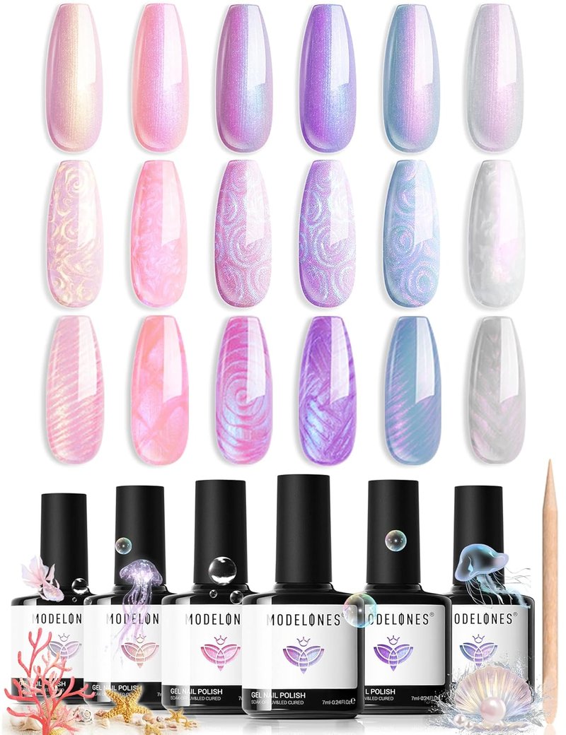Modelones Gel Nail Polish - 6 Colors Spring Pastel Shimmer | Pearl White, Pink, Purple, Mermaid Glitter for DIY Nail Art