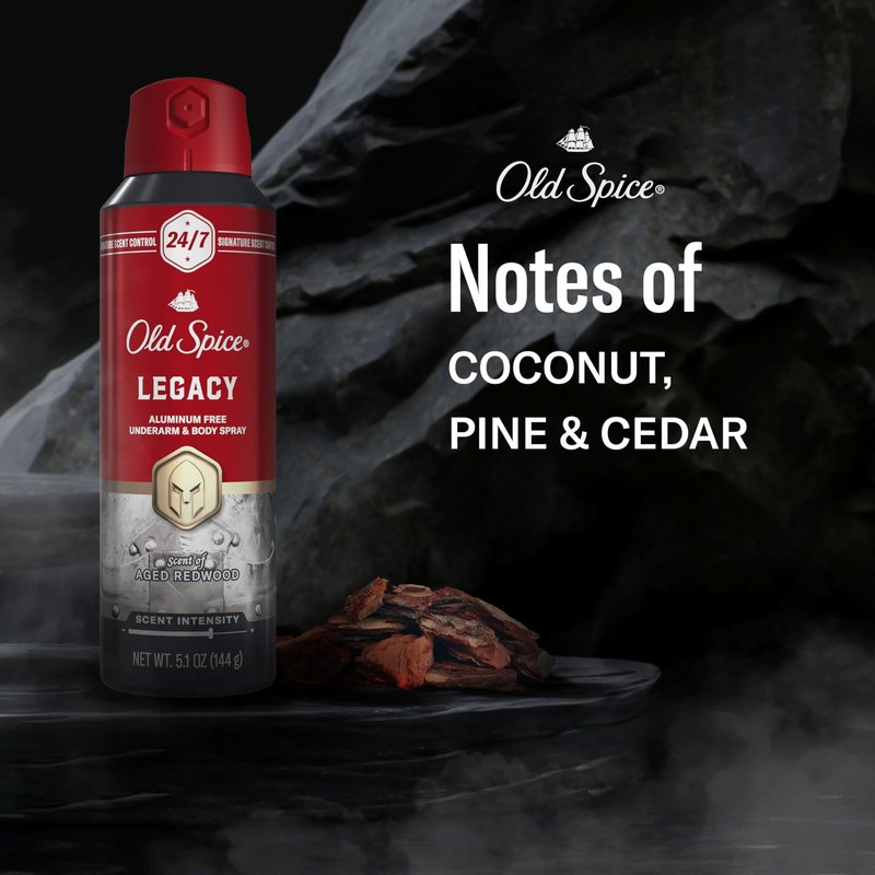 Old Spice Aluminum Free Body Spray for Men, 24/7 Signature Scent & Lasting Freshness, All-Day Odor Protection, Easy Application, Legacy with Coconut, Pine & Cedar Scent, 5.1 oz