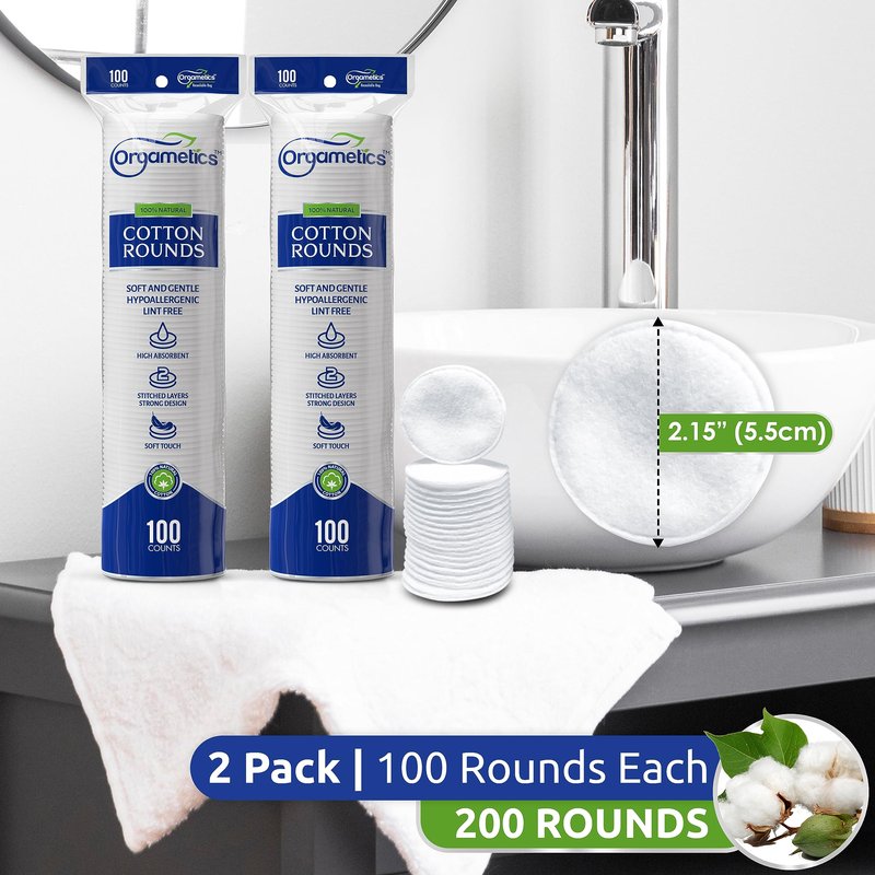 Orgametics Cotton Rounds, 100% Natural Turkish Cotton Premium Makeup Remover and Facial Cleansing Round Pads, Lint Free, Hypoallergenic and Ultra Soft, Luxury Quality (200 Count-Pack of 2)