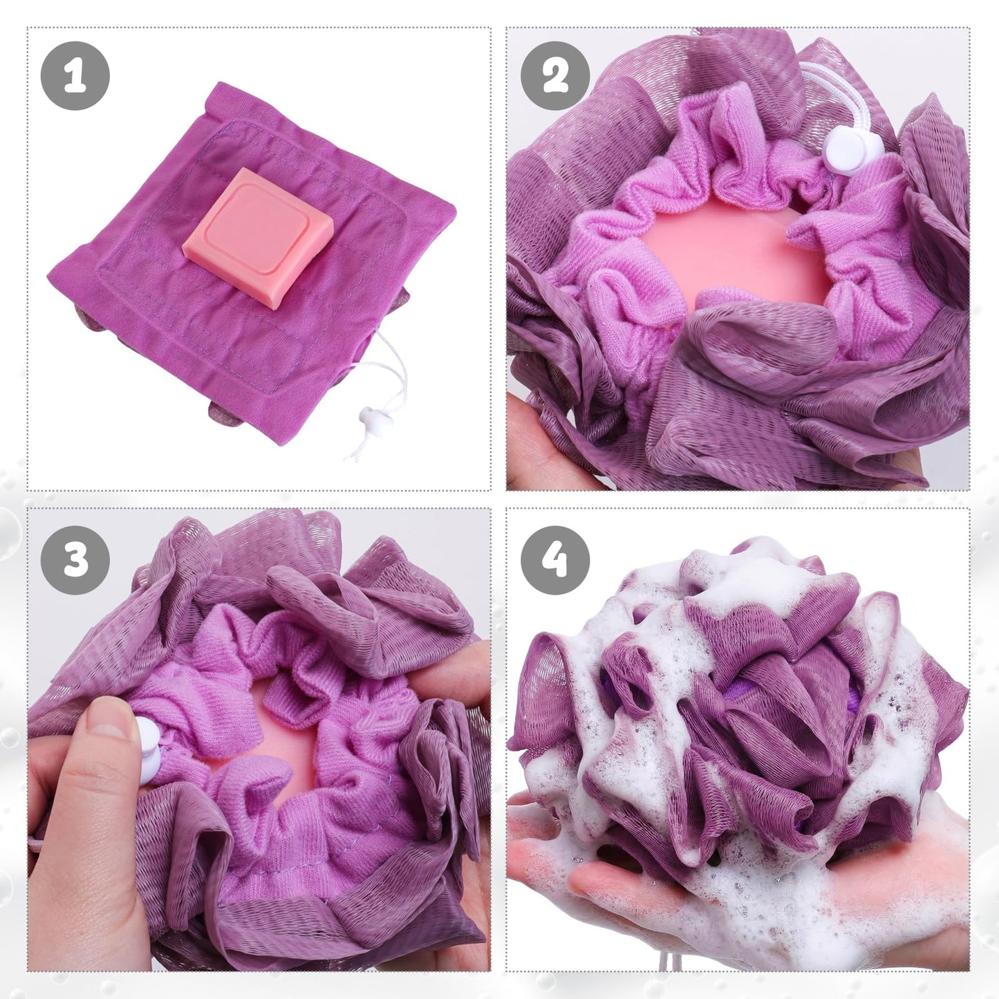 Ngdhkd 3pcs Bar Soap Loofah Washcloth Loofah Pouch Bar Soap Pocket Exfoliating Shower Sponge with Soap Saver Pocket for Bathing Body Wash Brown Purple Pink