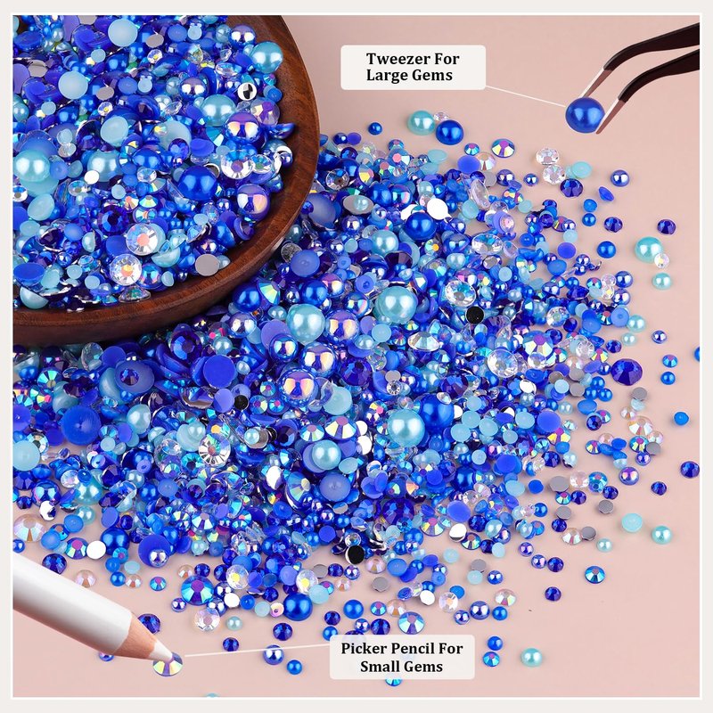 14000PCS Flatback Pearls and Blue Rhinestones for Bedazzling Kit, Dark Blue Mixed Size 3-10mm Resin Rhinestones Gems and Half Pearls for Crafting, Nail Art Crafts Decoration