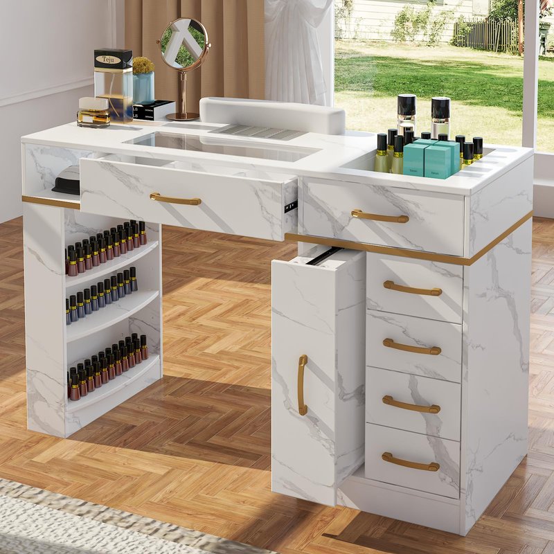 ELEVACHIC Manicure Table Nail Desk w/Electric Dust Collector, Glass Top Versatile Manicure Station for Nail Tech, Includes Wrist Cushion, Storage Cabinet & Drawers, Shelves, for Salon & Home, White