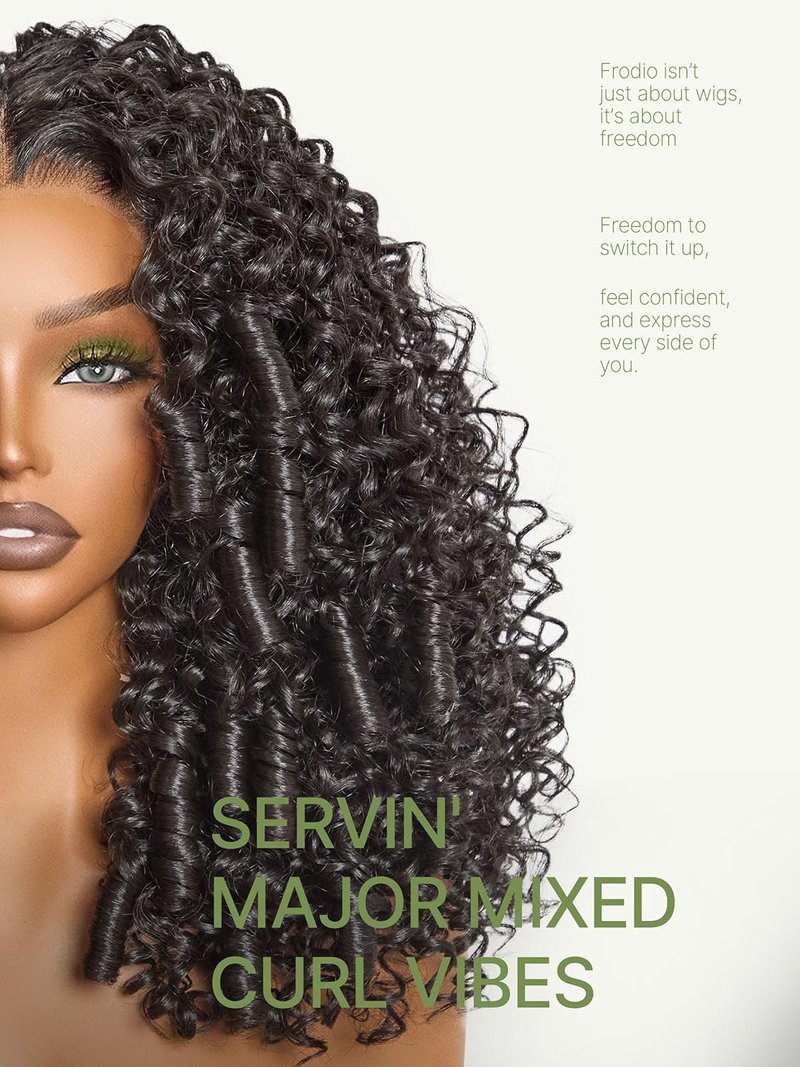 Frodio Kinky Curly Half Wig 14 Inches Veralux™ Fiber Blend Human Hair 200% Density 13X6 HD Lace Frontal Glueless Wig with Unique Bouncy Curl,Natural Black Ready to Go Headband Wig for Women