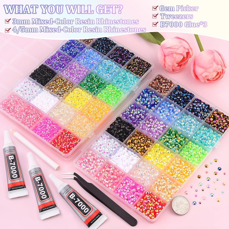 Jelly Rhinestones - 40,000 Pcs Multicolor Flatback Resin Gems for Crafting | DIY Bedazzler Kit with 3 Pcs B7000 Jewelry Glue
