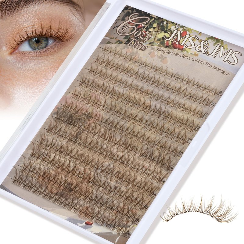 JMS&JMS Brown Lash Clusters Natural Wispy Lash Clusters Brown Eyelash Clusters Clear Band C Curl DIY Cluster Lashes 8-16mm