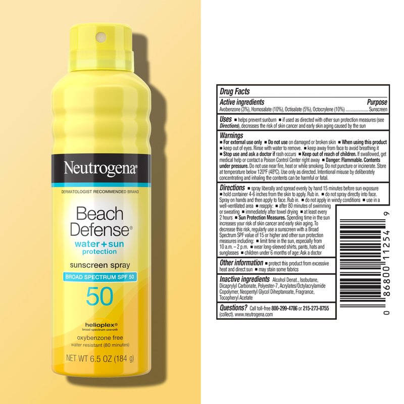 Neutrogena Beach Defense SPF 50 Sunscreen Spray, Broad Spectrum, Lightweight & Fast Absorbing, Oxybenzone & Octinoxate Free, Hawaii Act 104 Compliant Face & Body Sunscreen, 6.5 oz