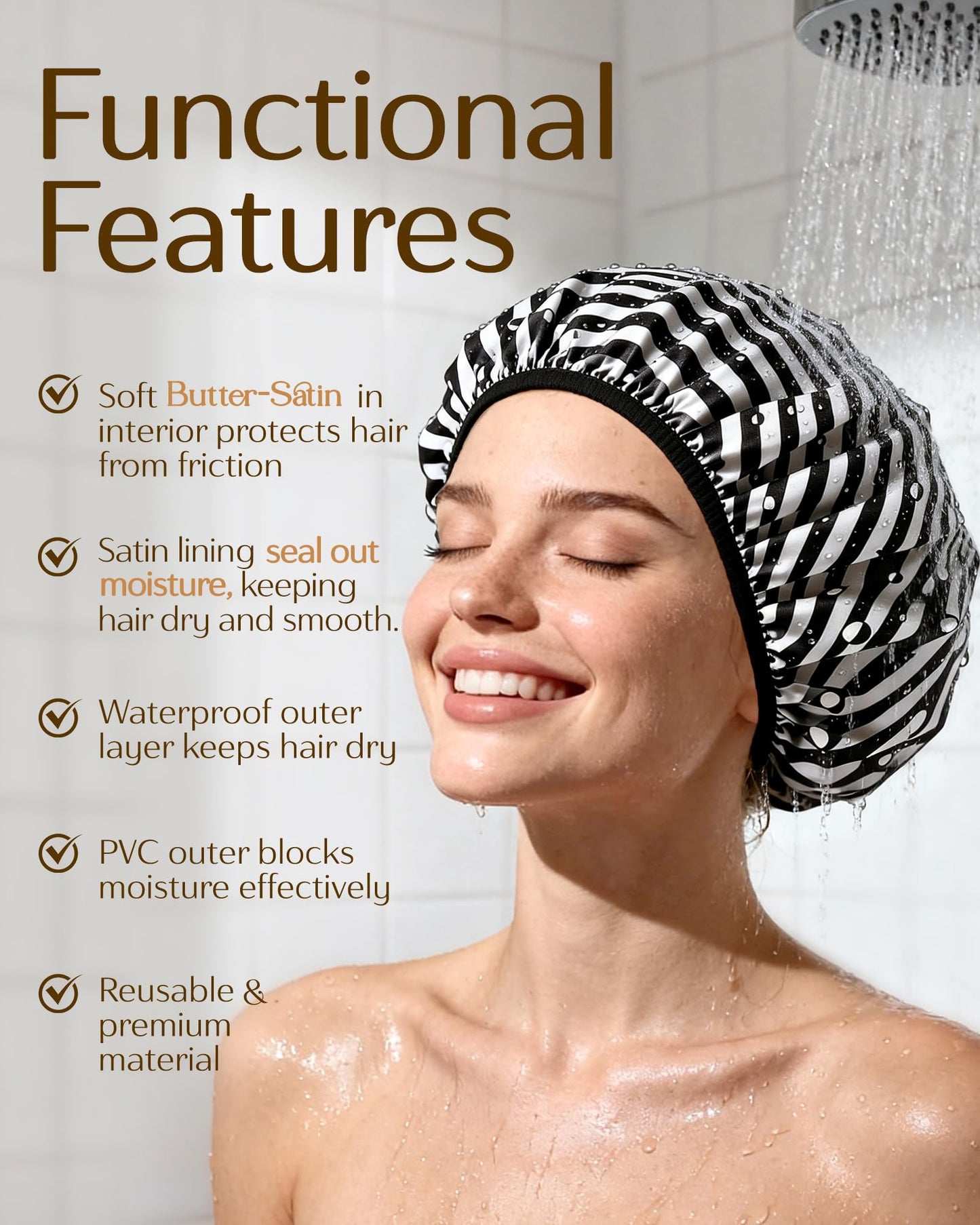 Yanibest Shower Cap for Women - Frizz Free Satin Lined Shower Cap Waterproof Large Double Layer Reusable with Soft Elastic Band for Braids Long Hair