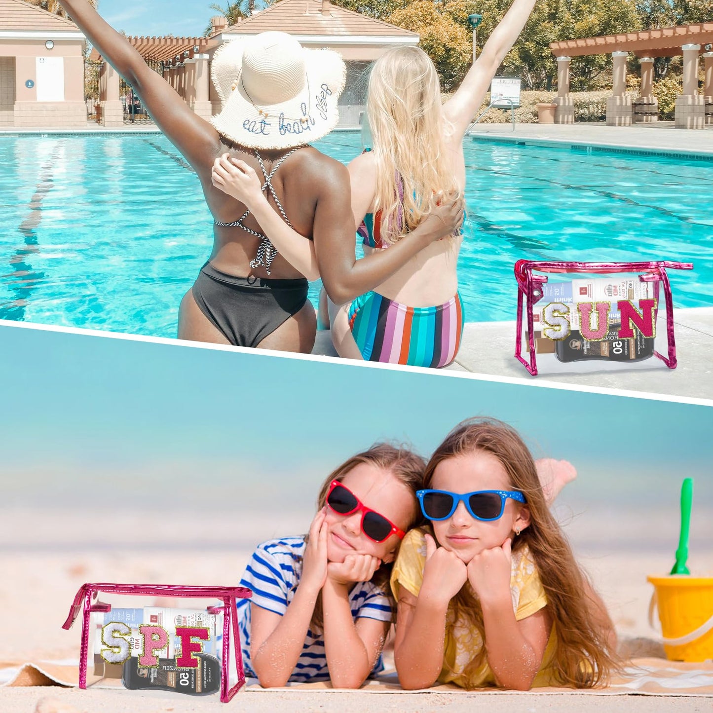 COSHAYSOO Sunscreen Bag Clear Makeup Toiletry Pouch Small for Women Teen Girls Beach Bogg Bags Accessories Face Sunscreens Spf 50 Sunblock Suncream Tan Tanning Lotion Summer Things Essentials Pink SUN