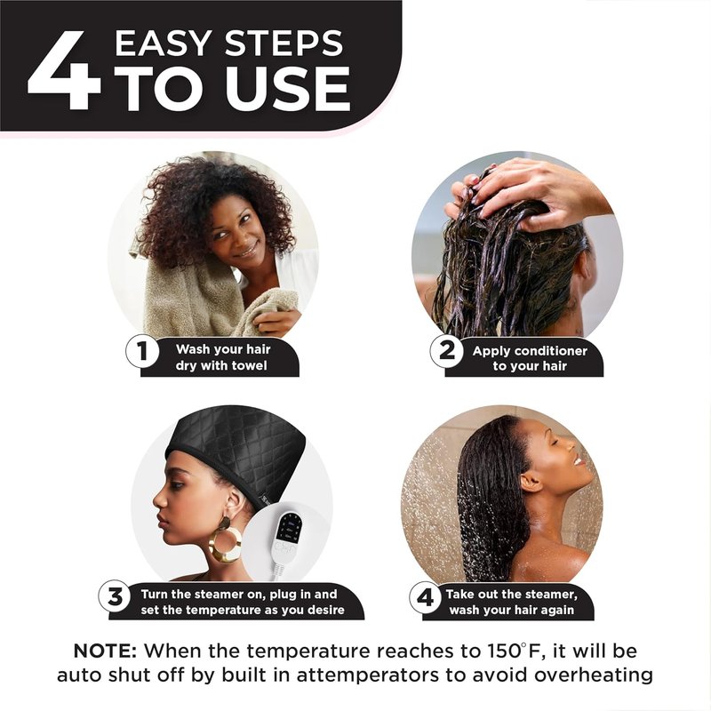 Hair Steamer for Natural Hair - 10-Level Adjustable Heat, Deep Conditioning Thermal Cap | Set of 3