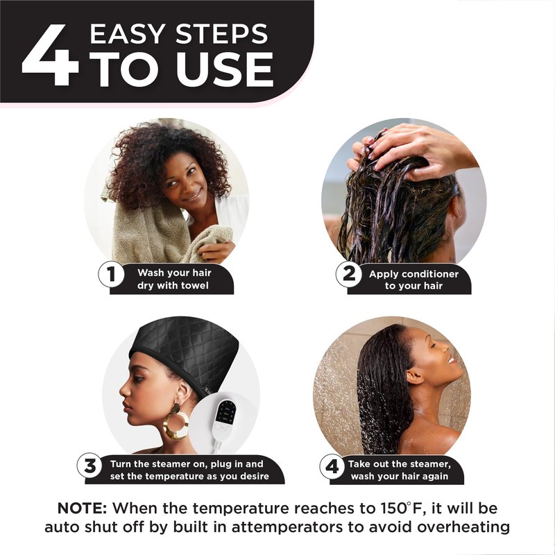 SISWOW Hair Steamer for Natural Hair - Home Use Heat Cap for Deep Conditioning, Thermal Steam Cap - Black, 10-Level Temperature, Overheat Protection, Portable