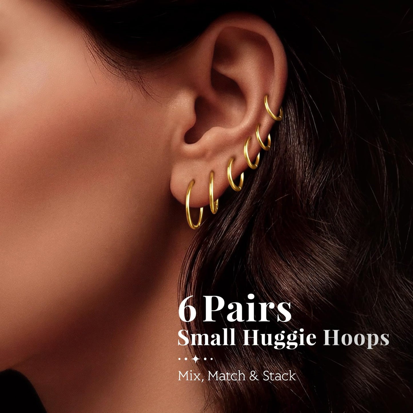 6 Pairs Gold Hoop Earrings for Womem: 14K Gold-plated Lightweight Hypoallergenic, Nickel-Free Lead-Free, Non-Tarnish Cartilage for Multiple Piercings Stack for Jewelry Set