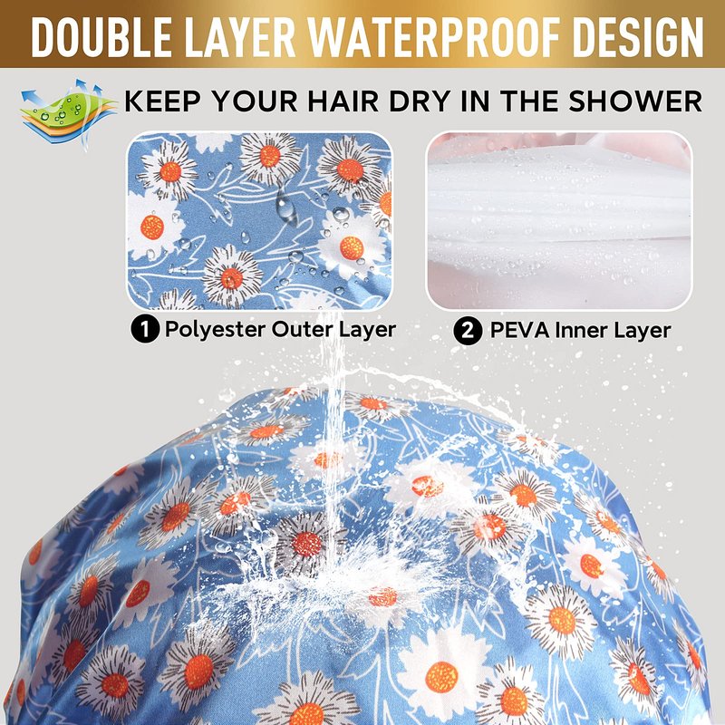 Reusable Shower Cap, Hair Cap, Oversized Waterproof Shower Caps Large Designed for all Hair Lengths with PEVA Lining & Elastic Band Stretch Shower Hat - Blue Flower Shower Caps for Women